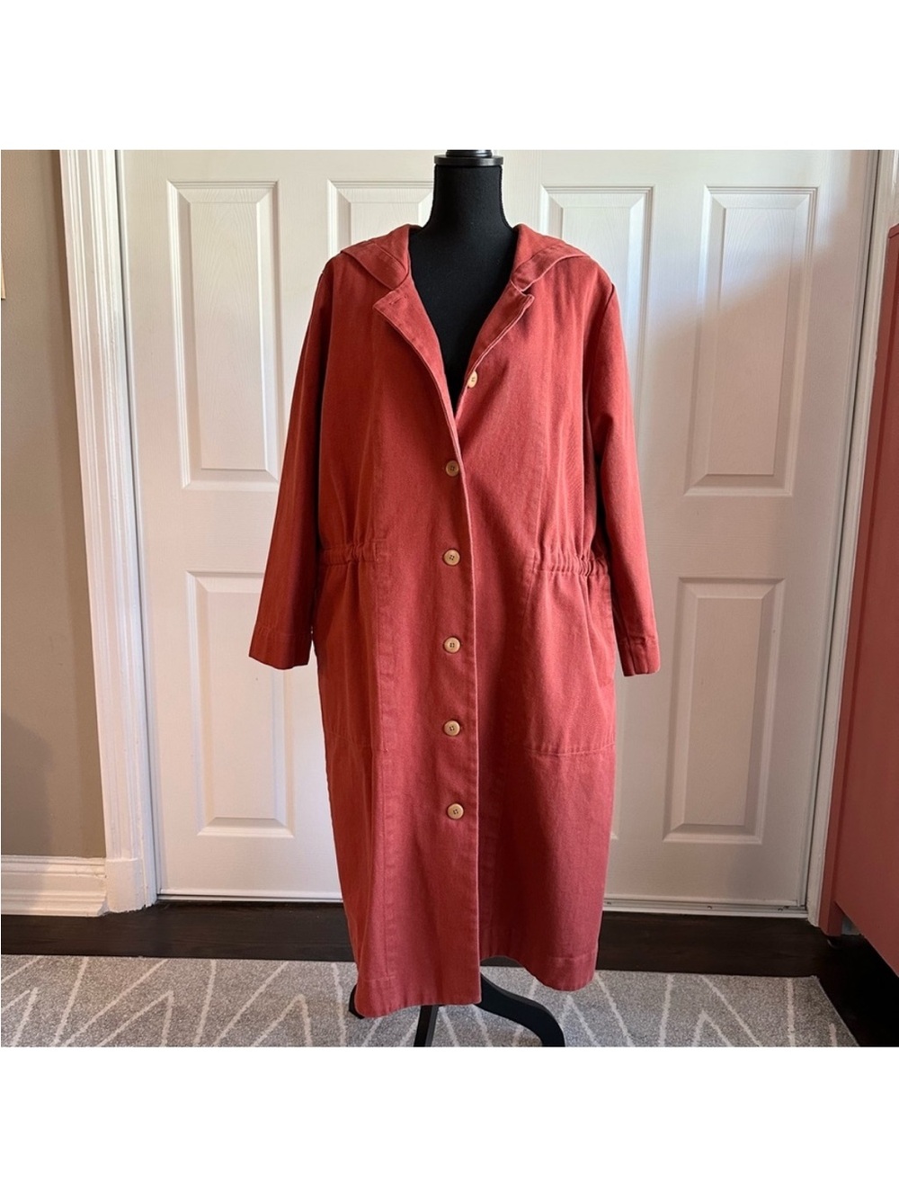 Ilana Kohn Muted Red Hooded Utility Trench Coat with Cinche Waist